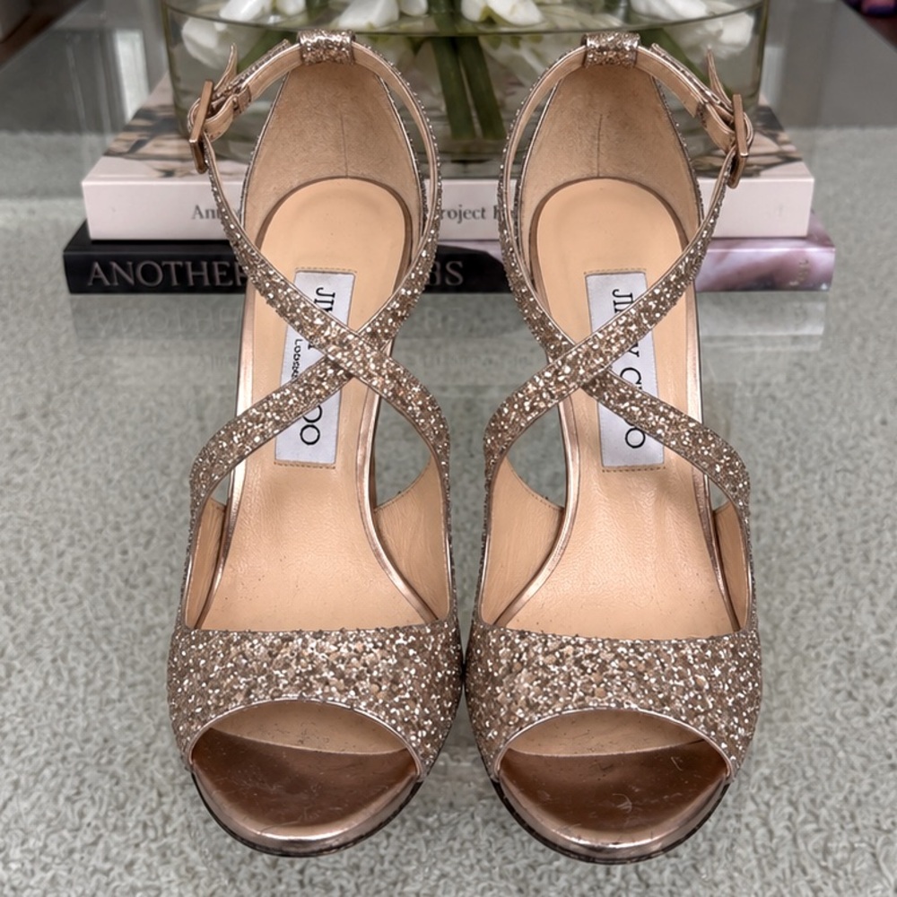 Jimmy Choo  Gold Glitter Crisscross Heel Sandals